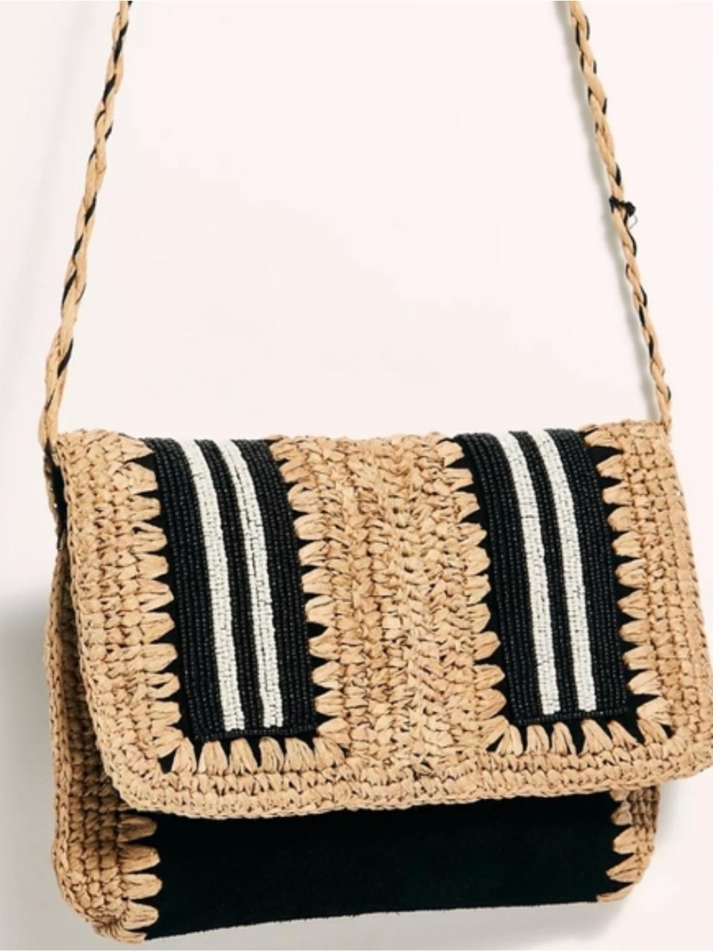 Free People Woven Straw Crossbody Bag with Black & White Stripe Detail